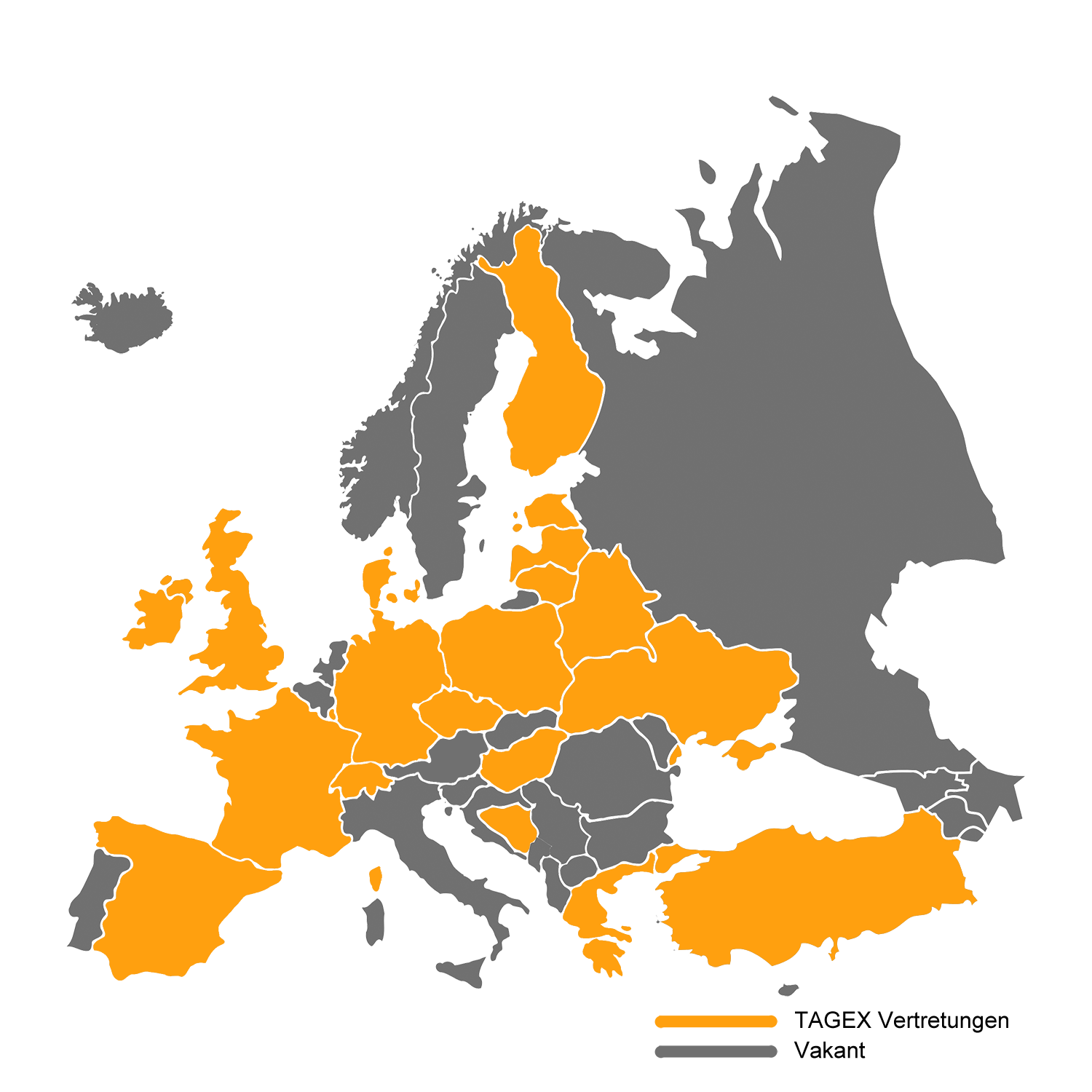 Europakarte - Orange abgesetzt sind die Länder mit einer TAGEX Vertretung